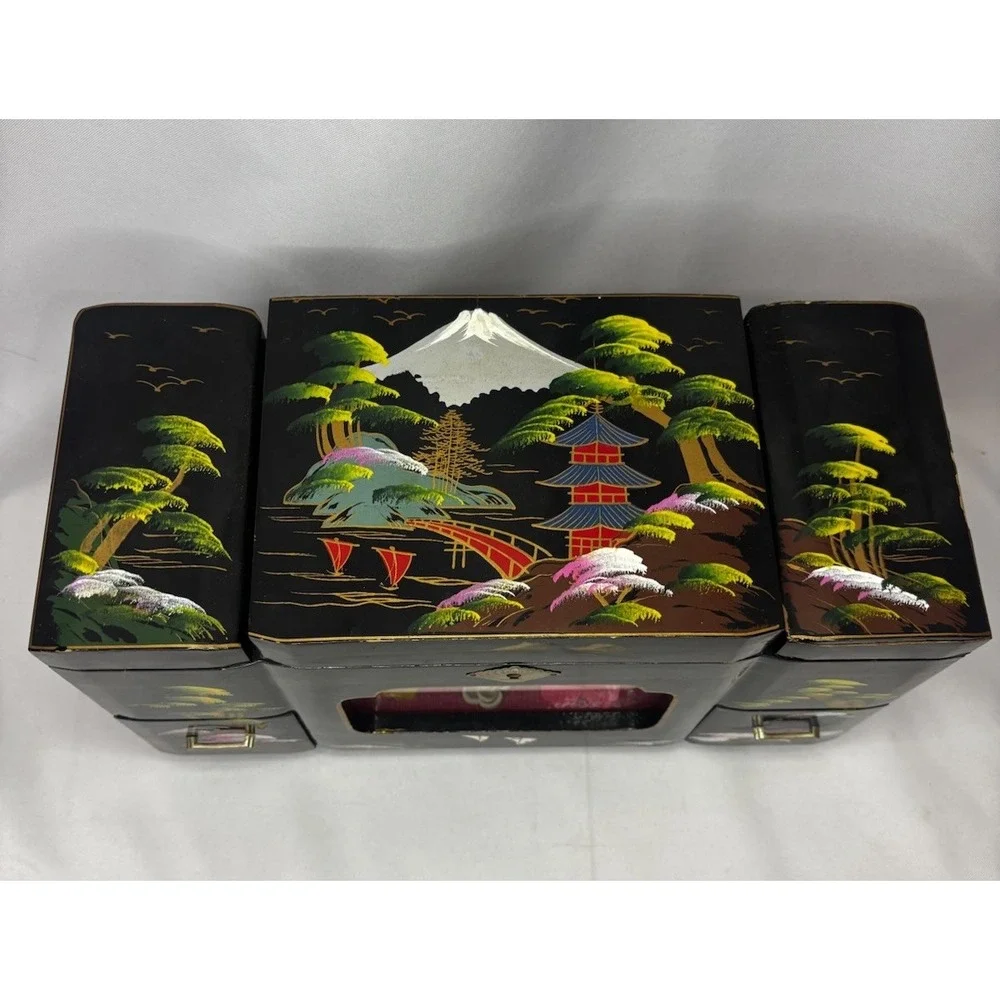 Vintage Japanese Black Lacquer Musical Jewelry Box- Window Diorama